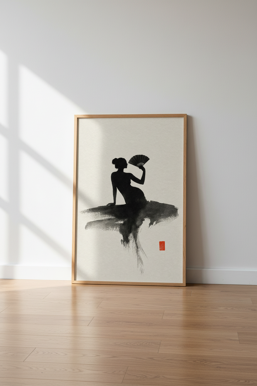 Japanese Woman Silhouette Ink Print | Zen Minimalist Decor | Japandi Poster