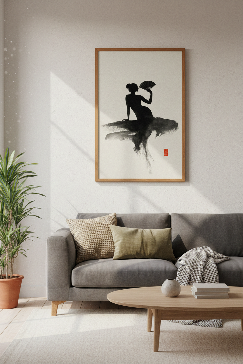 Japanese Woman Silhouette Ink Print | Zen Minimalist Decor | Japandi Poster
