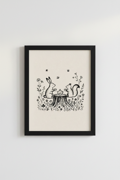 Rabbit Squirrel Tea Party Wall Art | Woodland Nursery Decor | Whimsical Sketch Poster