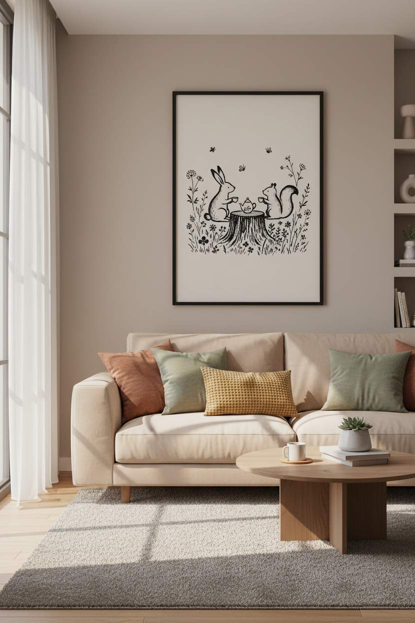 Rabbit Squirrel Tea Party Wall Art | Woodland Nursery Decor | Whimsical Sketch Poster