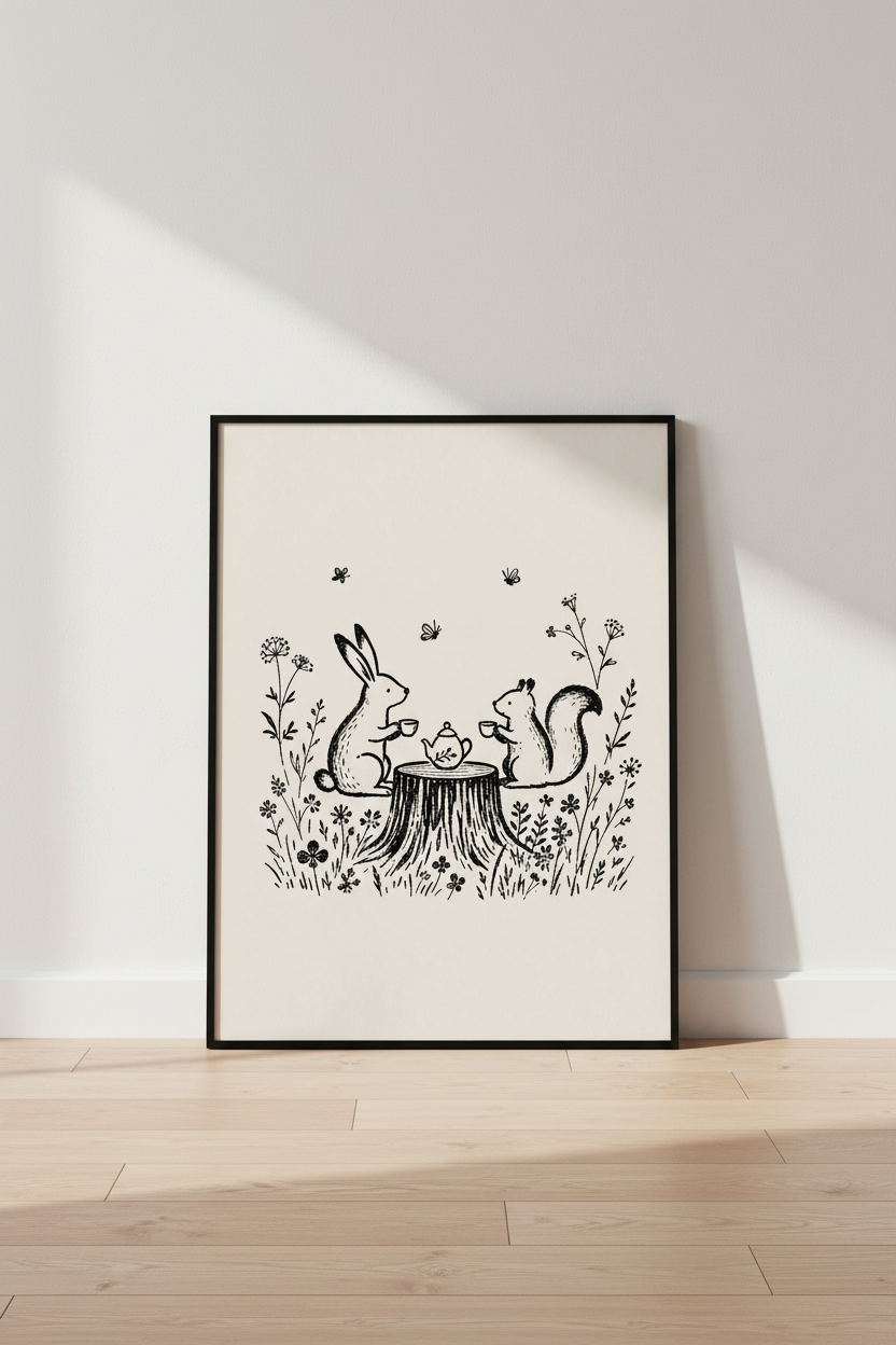 Rabbit Squirrel Tea Party Wall Art | Woodland Nursery Decor | Whimsical Sketch Poster