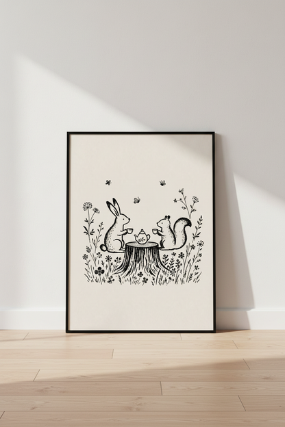 Rabbit Squirrel Tea Party Wall Art | Woodland Nursery Decor | Whimsical Sketch Poster