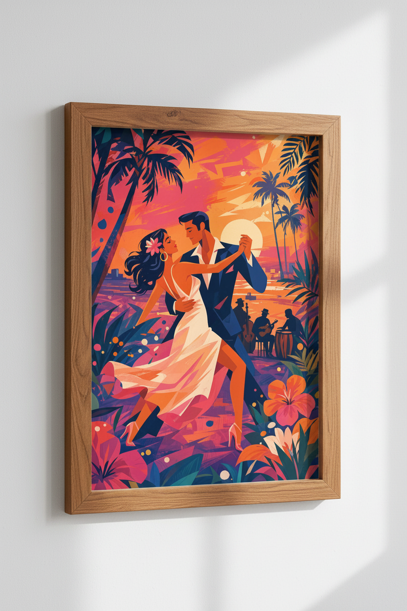 Romantic Couple Dancing | Tropical Sunset Retro Poster, Living Room Decor