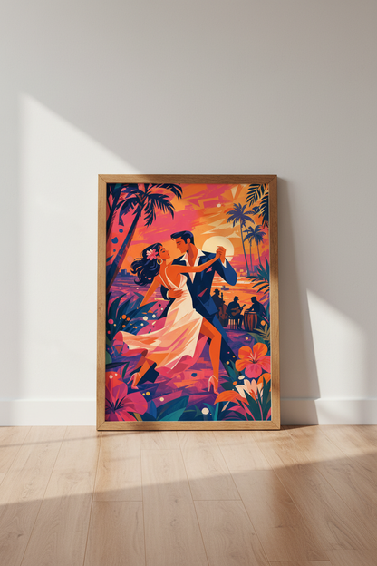 Romantic Couple Dancing | Tropical Sunset Retro Poster, Living Room Decor