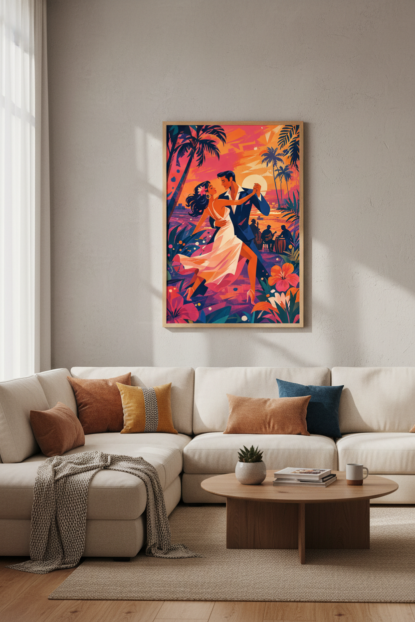 Romantic Couple Dancing | Tropical Sunset Retro Poster, Living Room Decor