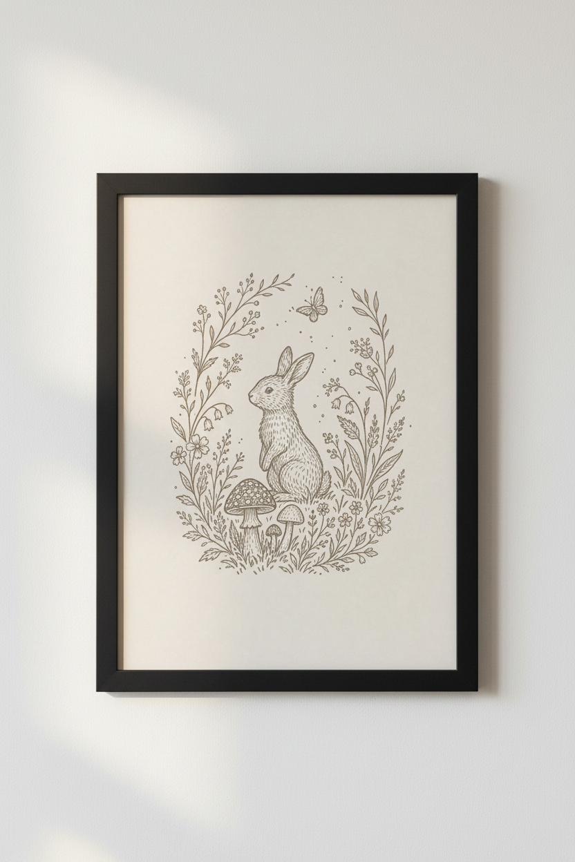 Cottagecore Rabbit &amp; Mushroom Art | Vintage Woodland Print | Neutral Nursery Poster