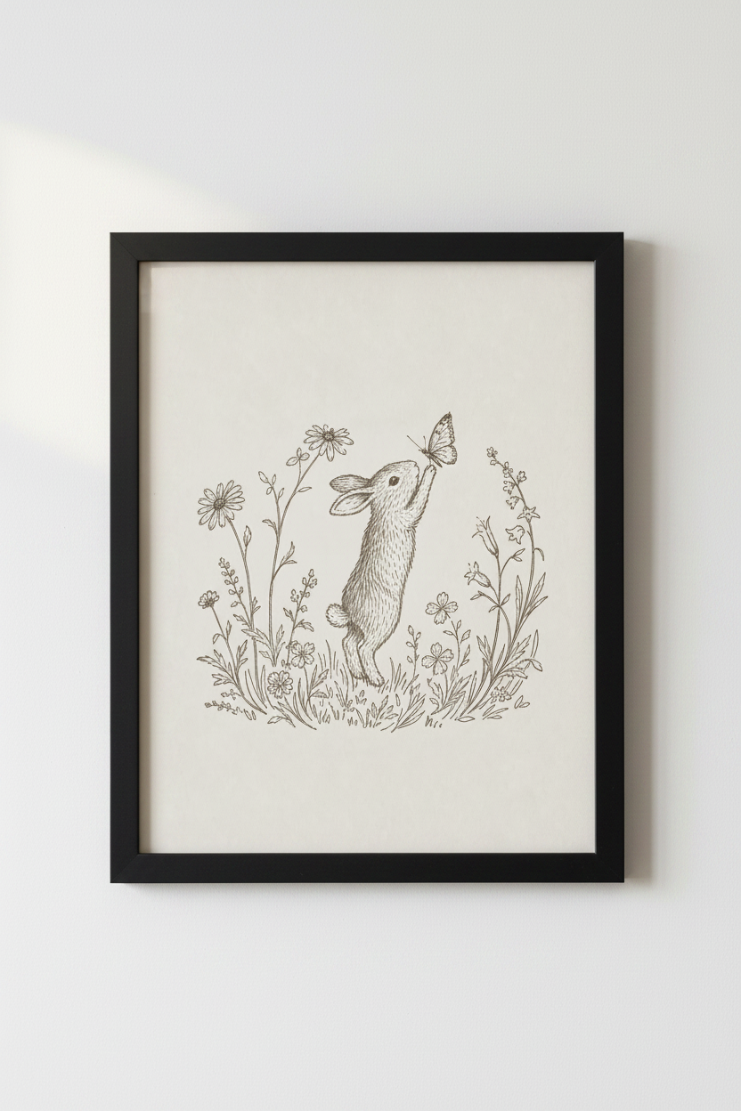 Vintage Rabbit &amp; Butterfly Art | Neutral Nursery Decor | Cottagecore Bunny Wall Poster