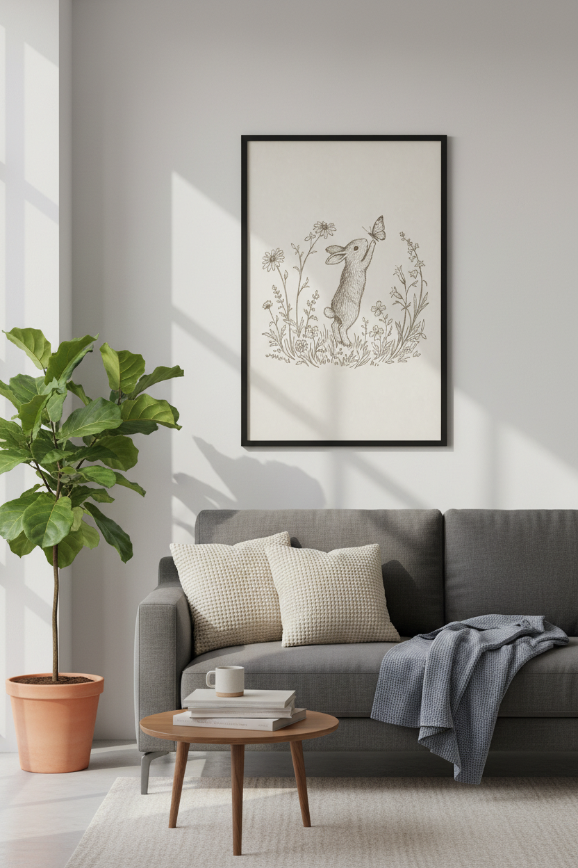 Vintage Rabbit &amp; Butterfly Art | Neutral Nursery Decor | Cottagecore Bunny Wall Poster