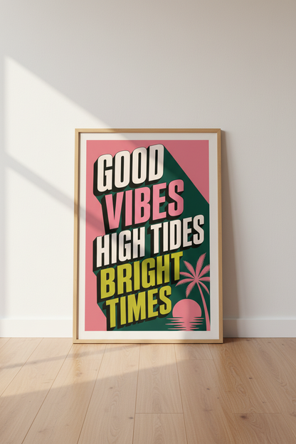 Good Vibes High Tides Wall Art | Retro Tropical Pink &amp; Green, Beach Decor