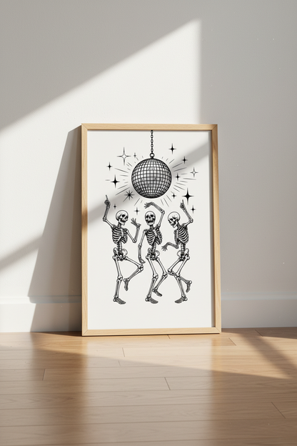 Disco Skeleton Art Print | Retro Gothic Home Decor | Funky Celestial Poster