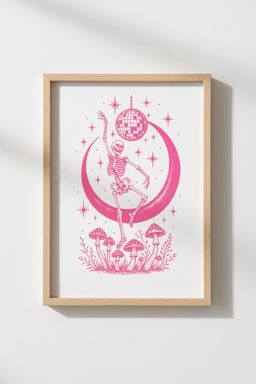 Pink Disco Skeleton Art Print | Celestial Retro Mushroom, Pink Aesthetic Poster