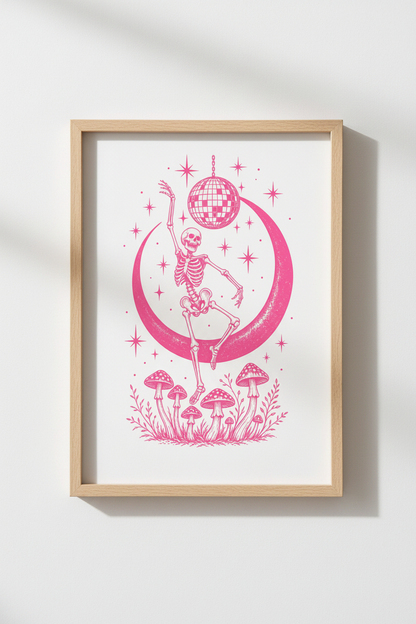 Pink Disco Skeleton Art Print | Celestial Retro Mushroom, Pink Aesthetic Poster