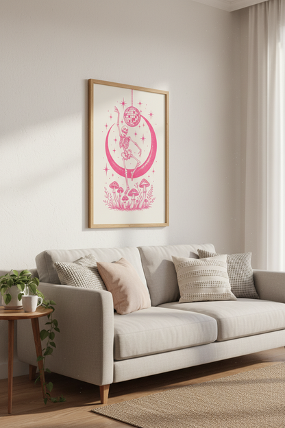 Pink Disco Skeleton Art Print | Celestial Retro Mushroom, Pink Aesthetic Poster