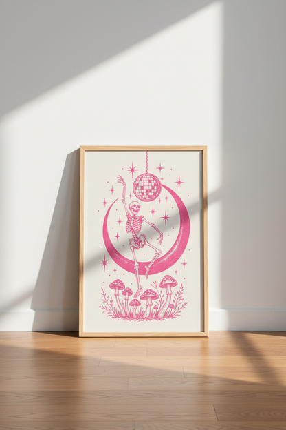 Pink Disco Skeleton Art Print | Celestial Retro Mushroom, Pink Aesthetic Poster