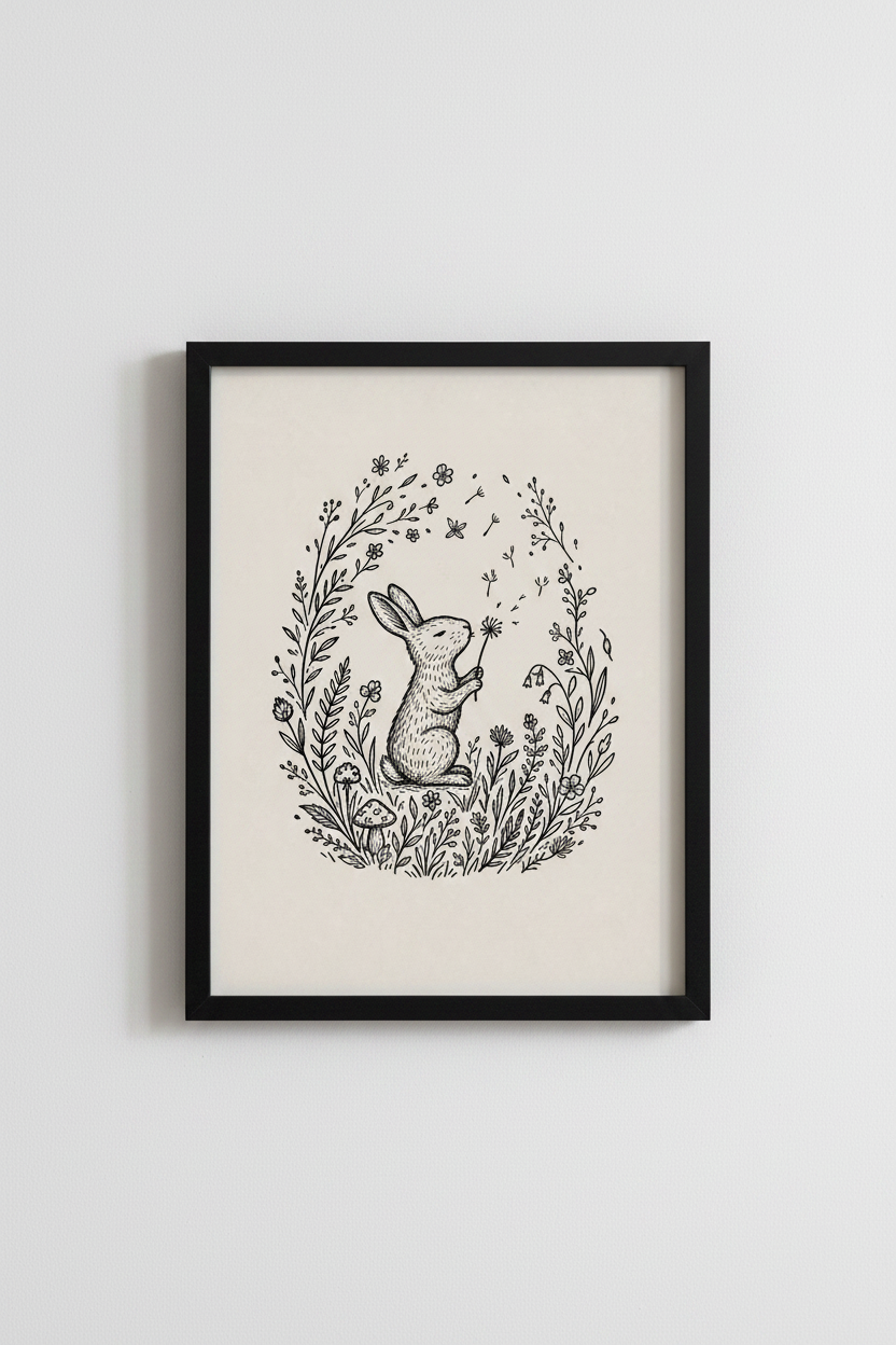 Rabbit &amp; Wildflower Wall Art | Cottagecore Ink Sketch, Nursery &amp; Bedroom Decor