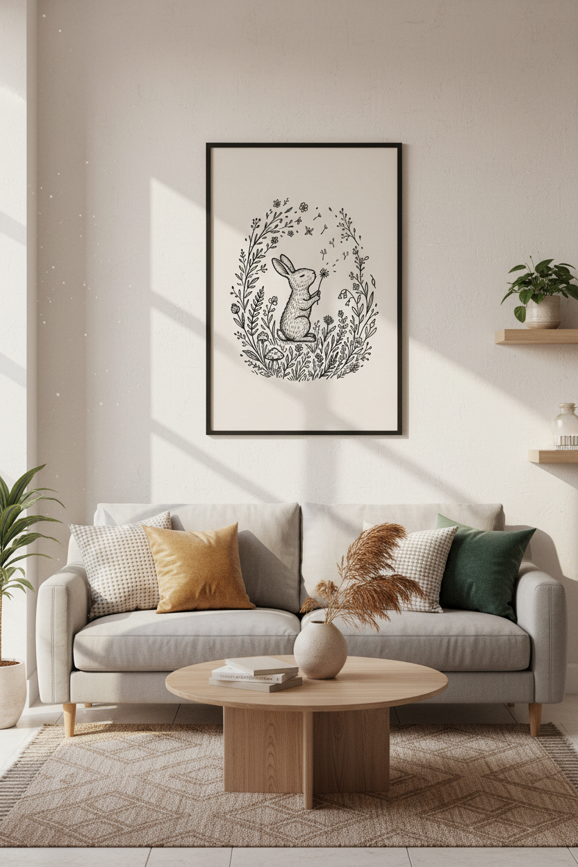 Rabbit &amp; Wildflower Wall Art | Cottagecore Ink Sketch, Nursery &amp; Bedroom Decor