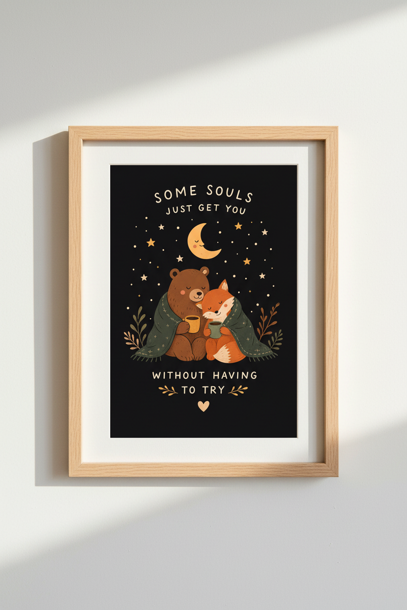 Woodland wall art | Cozy bear and fox night sky decor for living room