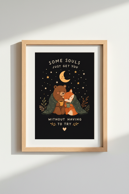 Woodland wall art | Cozy bear and fox night sky decor for living room