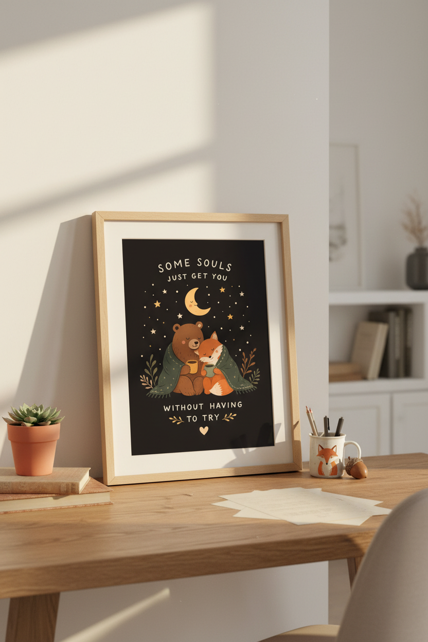 Woodland wall art | Cozy bear and fox night sky decor for living room