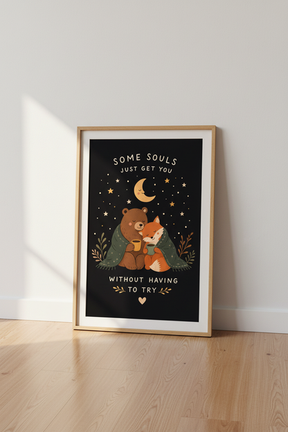 Woodland wall art | Cozy bear and fox night sky decor for living room