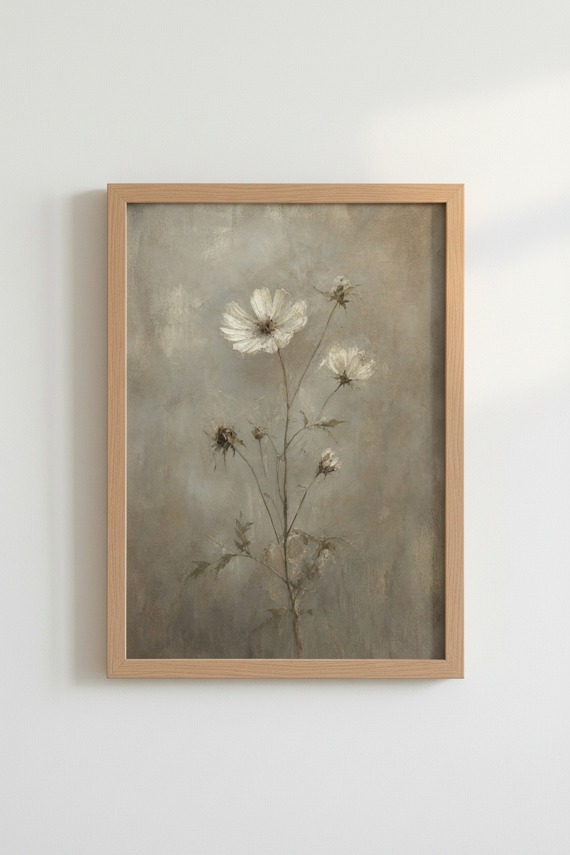 Vintage White Wildflower Wall Art | Muted Earthy Floral Print, Farmhouse Decor