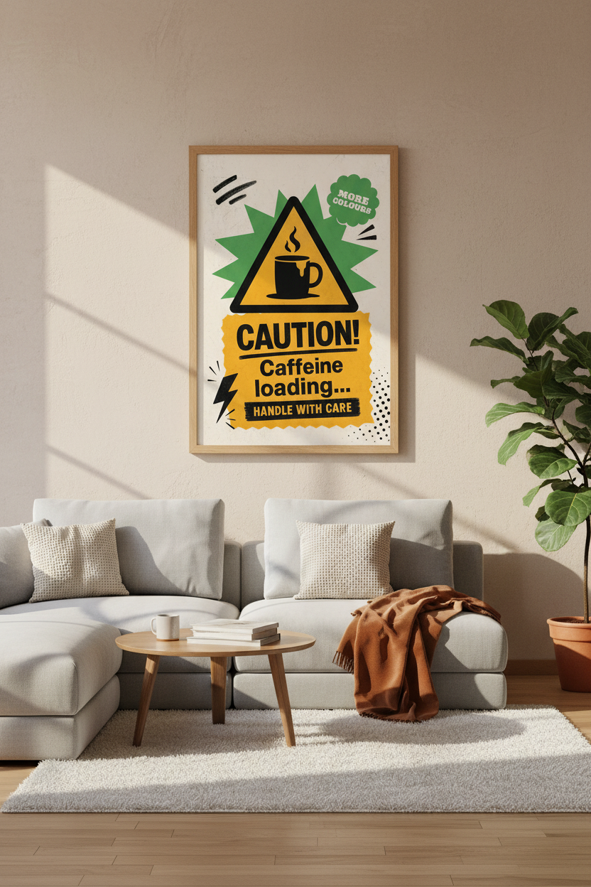 Caution Caffeine Loading Wall Art | Retro Coffee Poster, Kitchen Decor