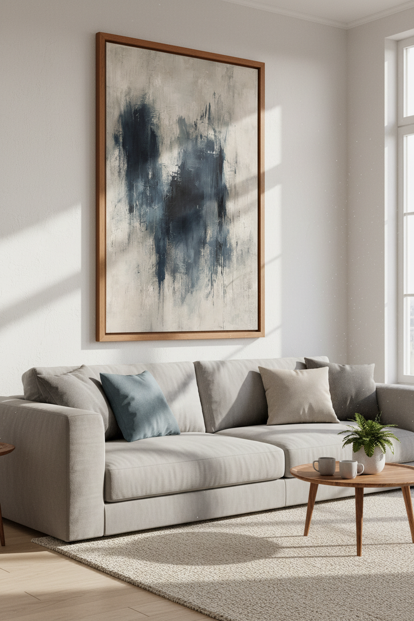 Dark Abstract Expressionist Wall Art | Navy &amp; Beige Print, Modern Living Room Decor