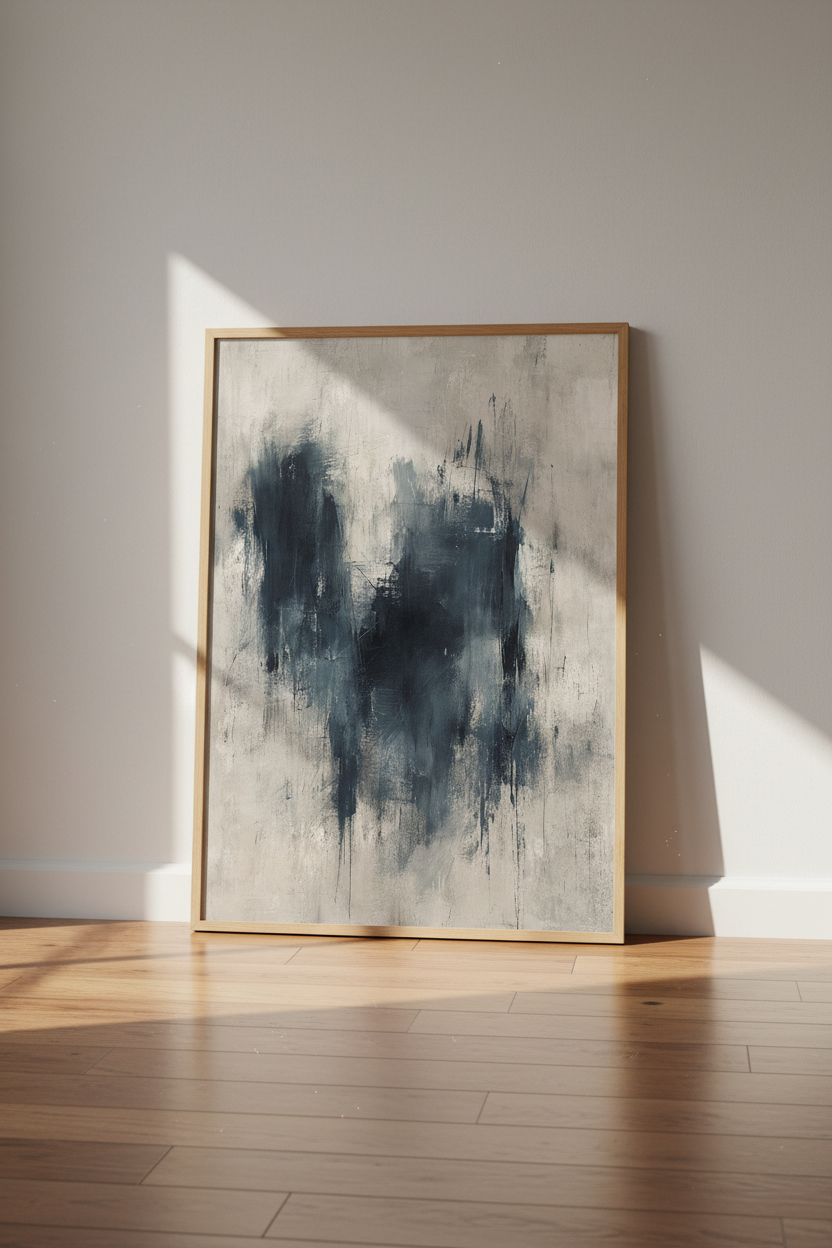 Dark Abstract Expressionist Wall Art | Navy &amp; Beige Print, Modern Living Room Decor