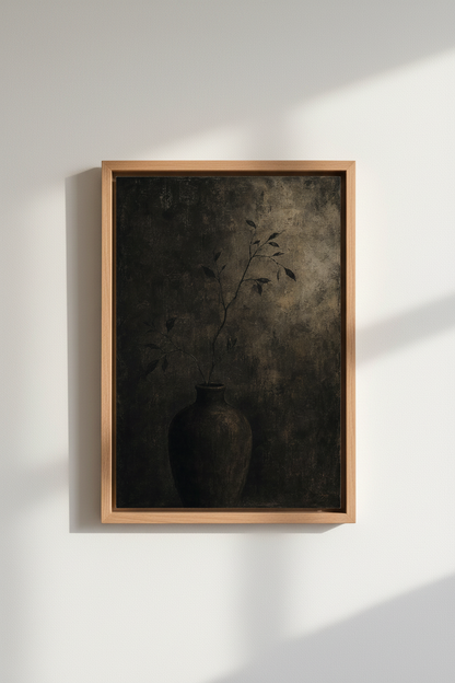 Moody Botanical Branch in Vase | Dark Textured Still Life, Neutral Rustic Wall Decor
