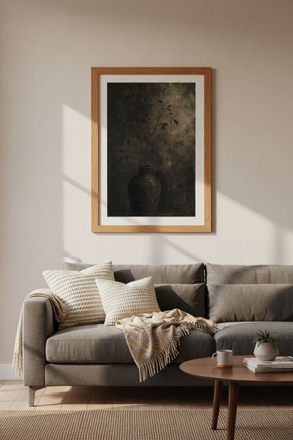 Moody Botanical Branch in Vase | Dark Textured Still Life, Neutral Rustic Wall Decor