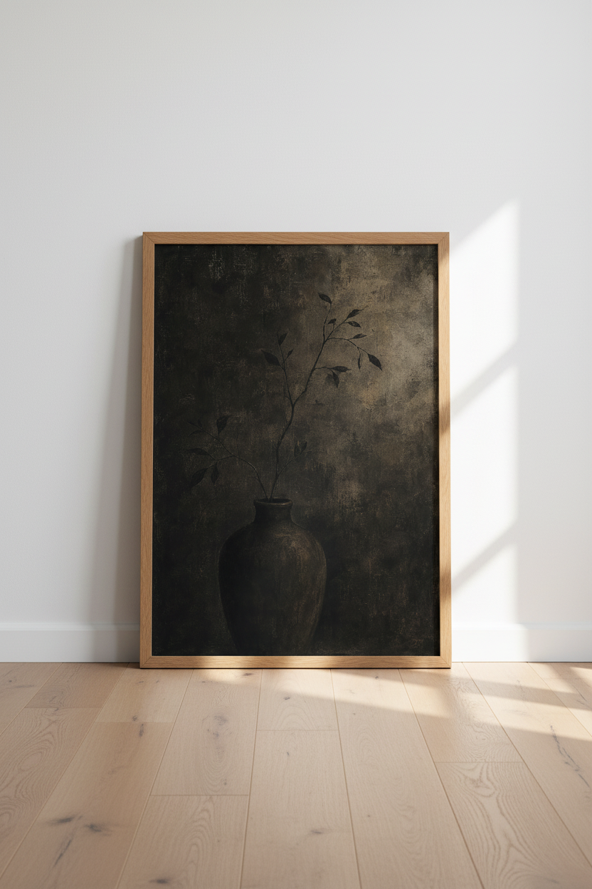 Moody Botanical Branch in Vase | Dark Textured Still Life, Neutral Rustic Wall Decor