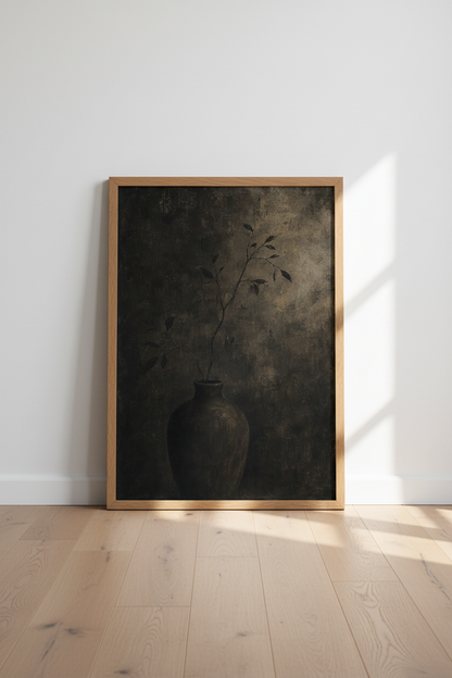 Moody Botanical Branch in Vase | Dark Textured Still Life, Neutral Rustic Wall Decor