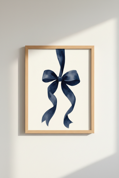 Navy Blue Bow Watercolor Print | Coquette Bedroom Decor | Preppy Ribbon Poster