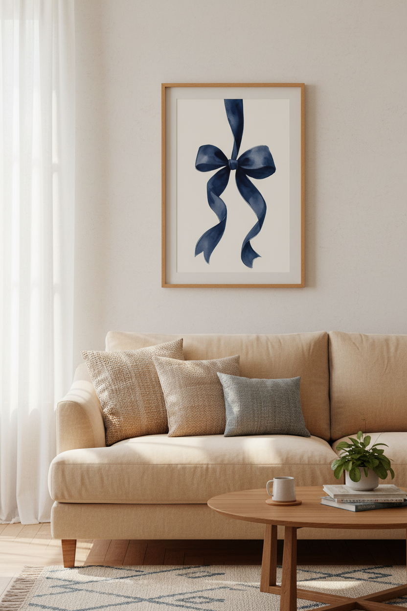 Navy Blue Bow Watercolor Print | Coquette Bedroom Decor | Preppy Ribbon Poster