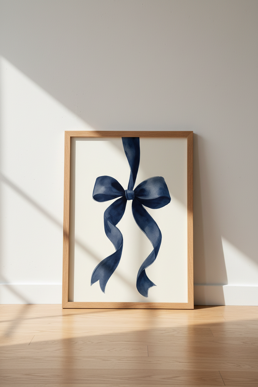 Navy Blue Bow Watercolor Print | Coquette Bedroom Decor | Preppy Ribbon Poster