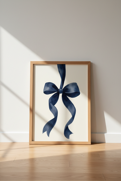 Navy Blue Bow Watercolor Print | Coquette Bedroom Decor | Preppy Ribbon Poster