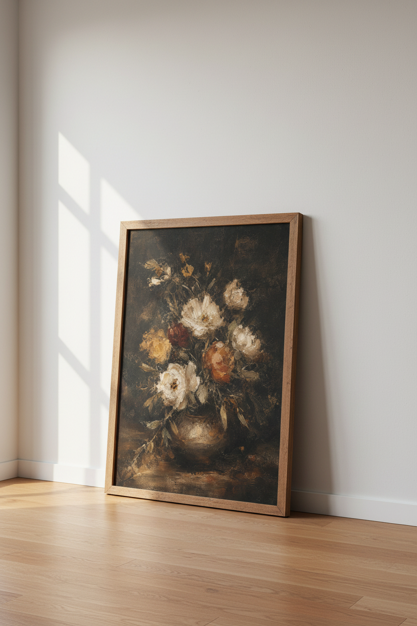 Moody Floral Oil Painting | Dark Peony Still Life, Vintage Aesthetic Wall Art