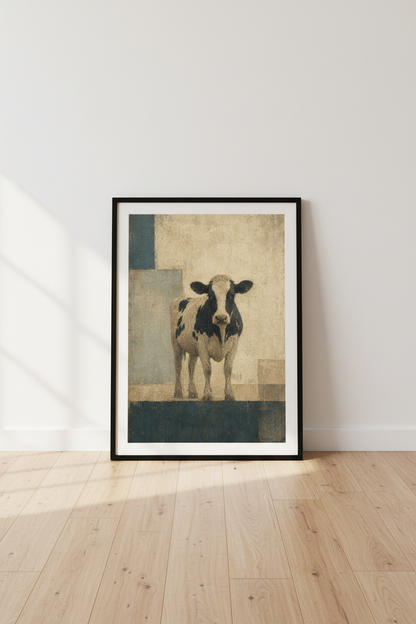 Abstract Cow Wall Art | Rustic Modern Farmhouse Decor | Blue &amp; Beige Poster