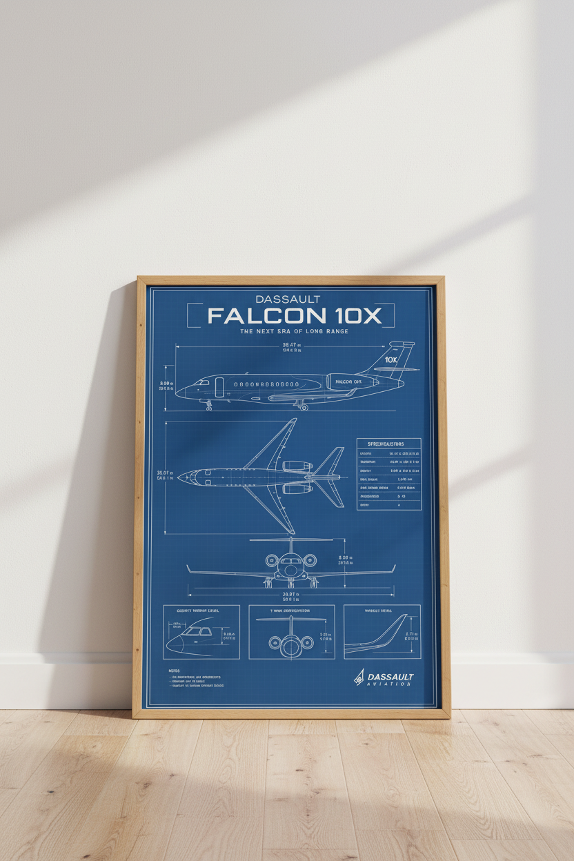 Dassault Falcon 10X Blueprint Wall Art | Pilot Gift | Airplane Poster