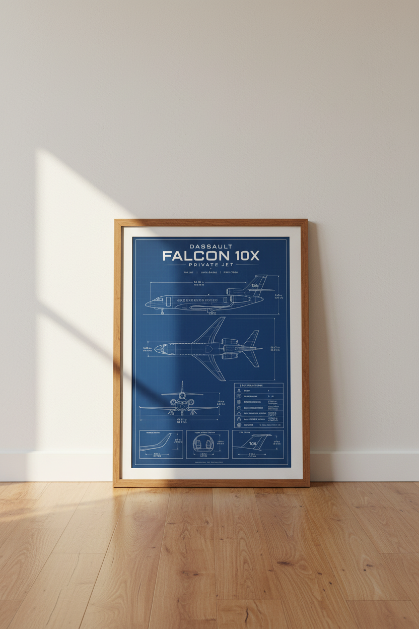 Falcon 10X Private Jet Blueprint Wall Art | Office Decor | Aviation Poster