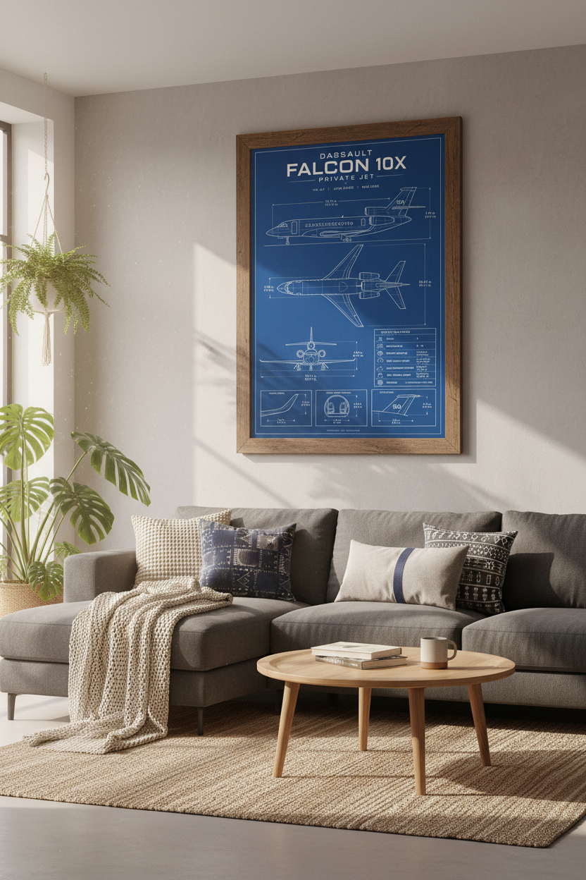 Falcon 10X Private Jet Blueprint Wall Art | Office Decor | Aviation Poster