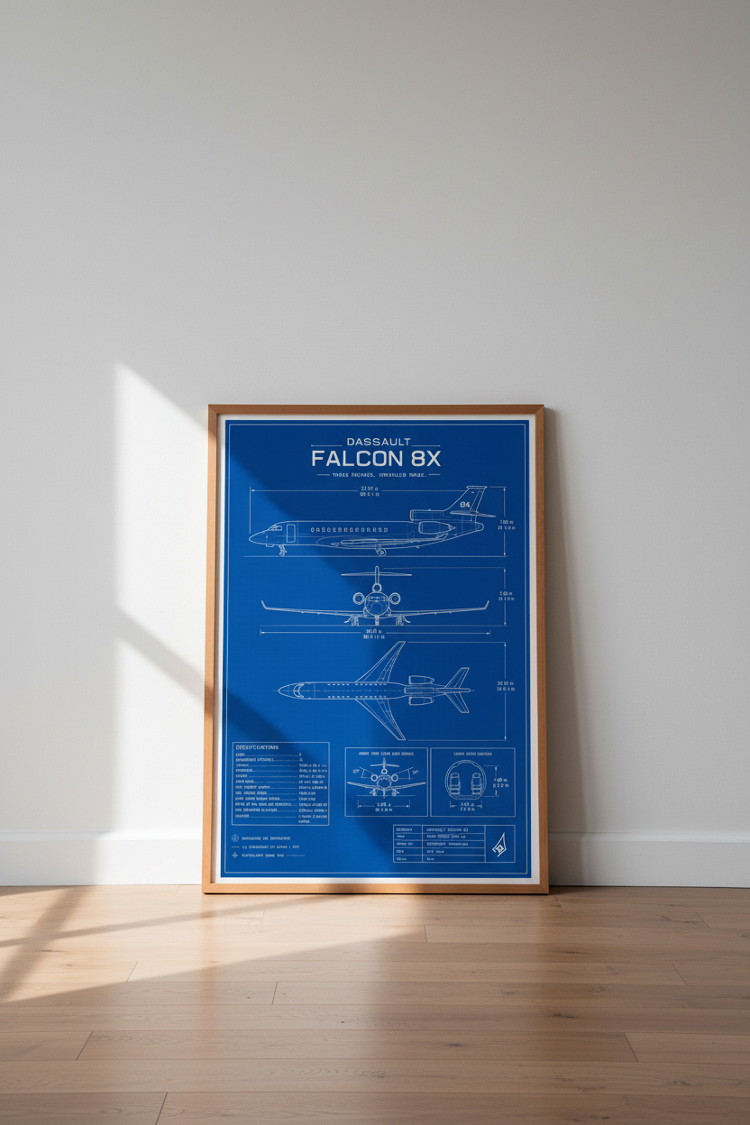 Dassault Falcon 8X Jet Blueprint Art | Office Decor | Aviation Poster