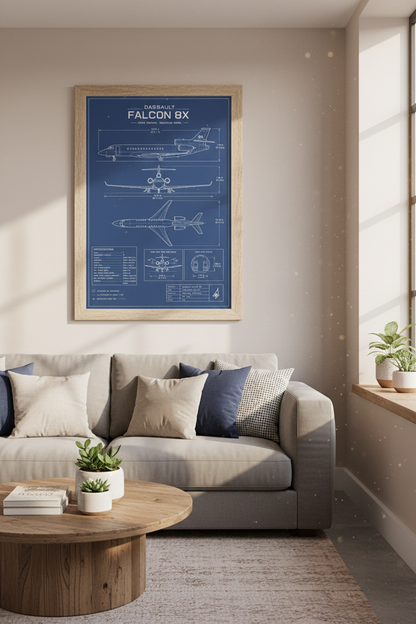 Dassault Falcon 8X Jet Blueprint Art | Office Decor | Aviation Poster