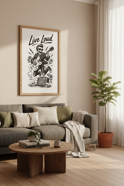 Rockabilly Skeleton Guitarist Wall Art | Live Loud Black and White, Music Studio Decor
