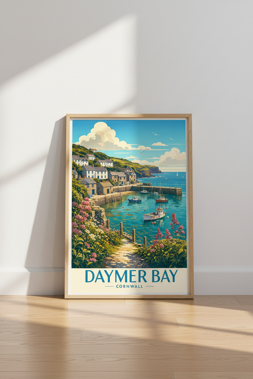 Daymer Bay Cornwall Travel Poster | Coastal Landscape Wall Art | Vibrant Seaside Decor
