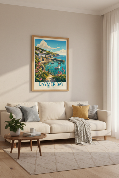 Daymer Bay Cornwall Travel Poster | Coastal Landscape Wall Art | Vibrant Seaside Decor