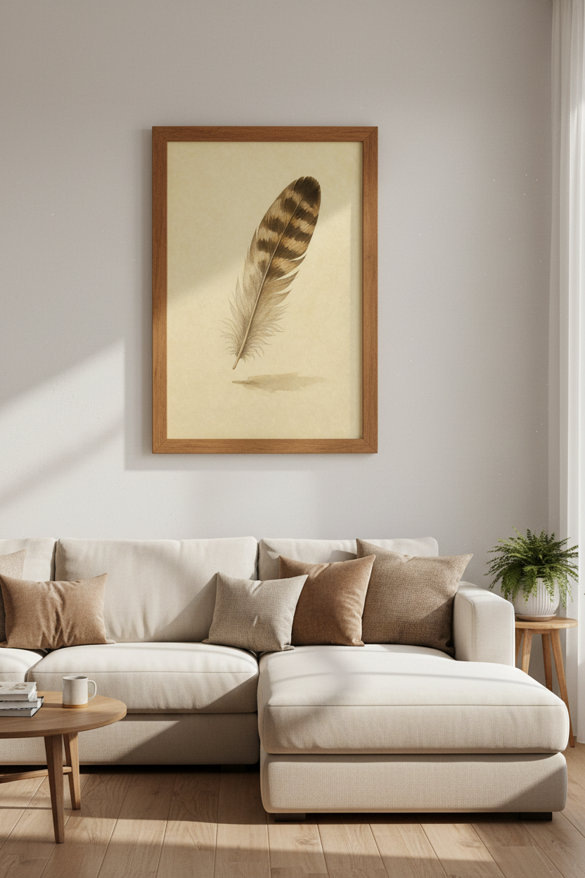 Vintage Feather Watercolor Print | Rustic Home Office Decor | Boho Earth Tone Poster