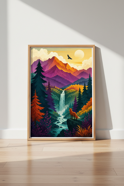 Fox &amp; Waterfall Mountain Wall Art Print | Vibrant Nature Decor | Adventure Poster