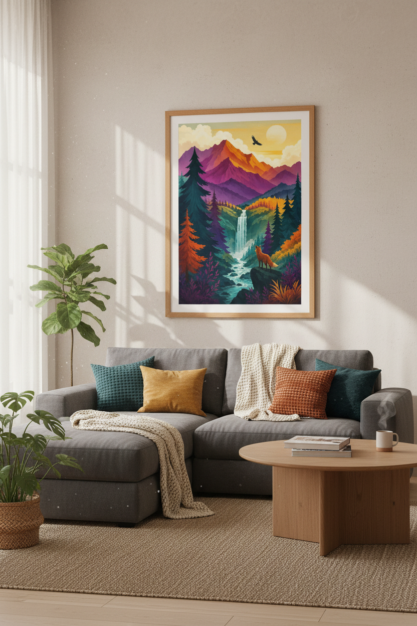 Fox &amp; Waterfall Mountain Wall Art Print | Vibrant Nature Decor | Adventure Poster