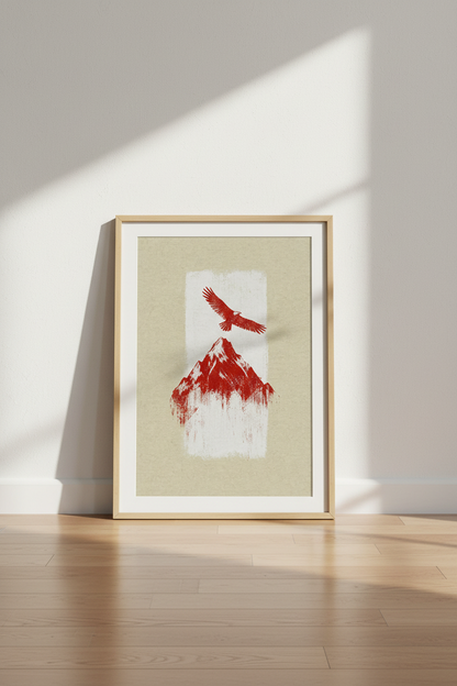 Mountain Eagle Wall Art | Red Minimalist Nature Print, Modern Cabin Decor